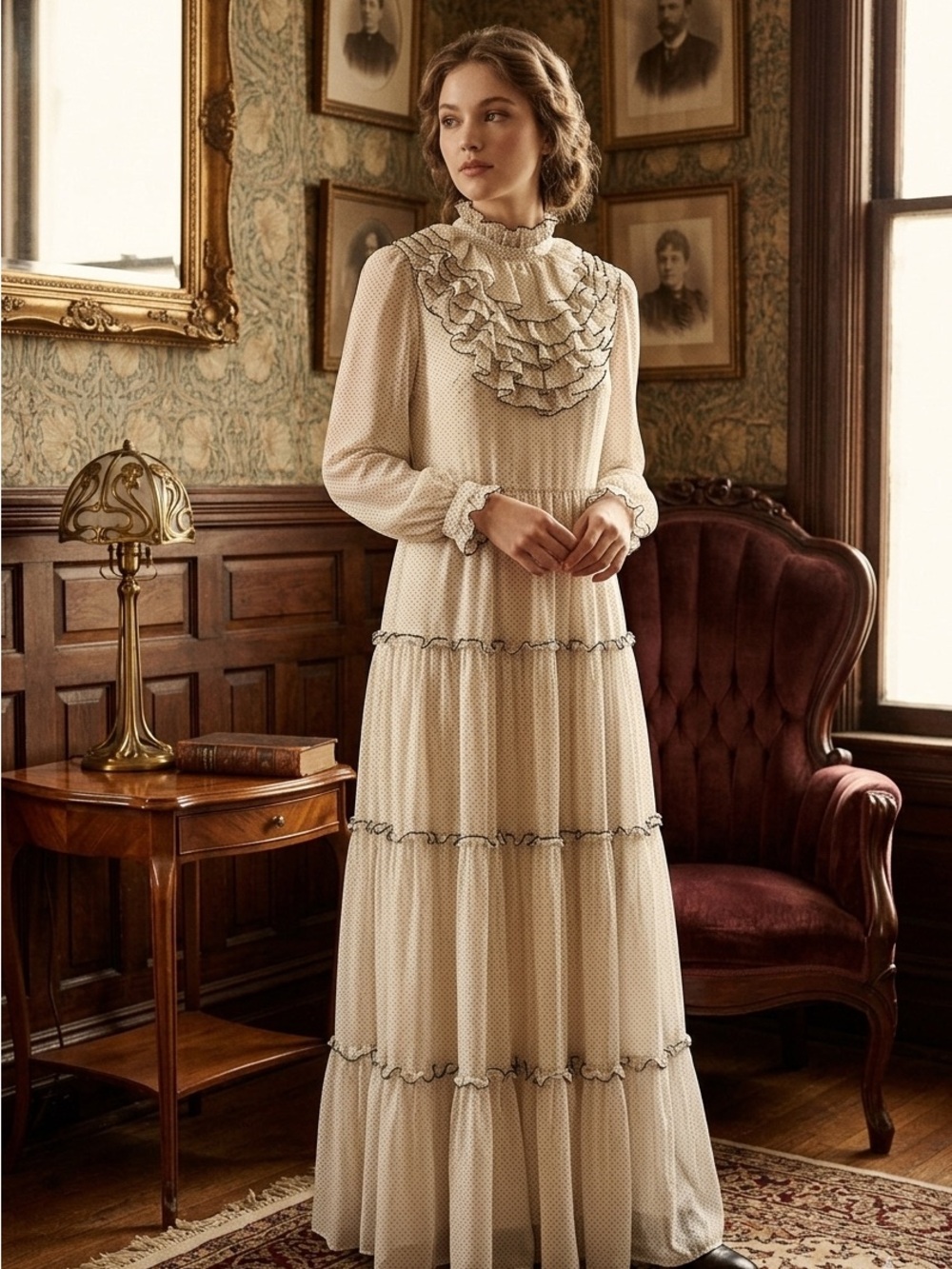 Ivory Ruffle Tiered Maxi Vintage Dress Japan